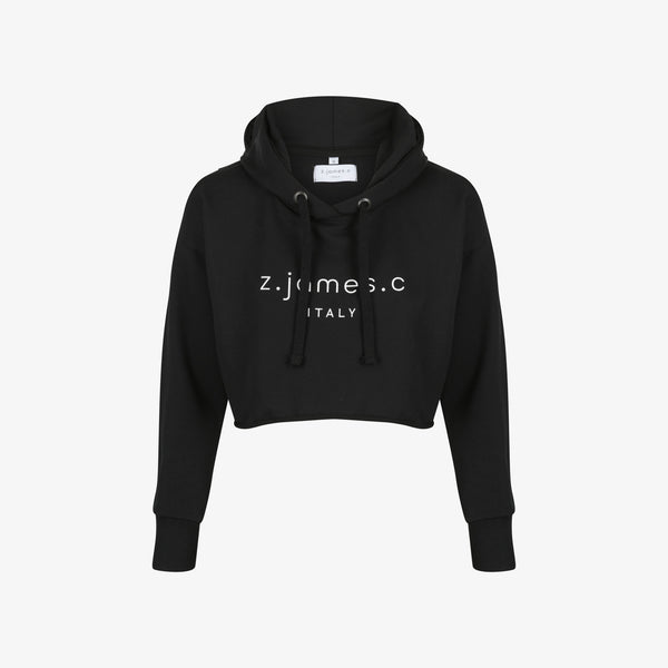 The black crop hoodie made by z.james.c in Italy. Featuring a logo print on the chest and a hood with a crop design.