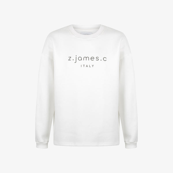 The white female oversized sweatshirt with a large oversized print on the chest with the logo of the designer fashion brand z.james.c